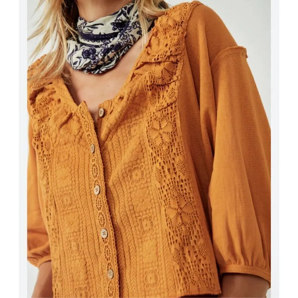 Free People Womens Rust Orange Button-Up Lace Trim Mae Top Size Medium